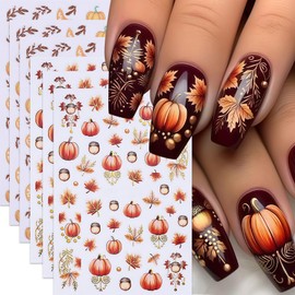 6 Sheets Autumn Maple Leaves Nail Stickers Pumpkin Nail Art Sticker Maple Leaves Pumpkin Nails Design 3D Self-Adhesive Nail Art Supplies Thanksgiving Day Pumpkin Nail Accessories for Women Nail Decor