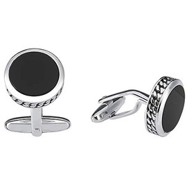Vinani Design Cufflinks Onyx Round Decoration Blackened Shiny 925 Sterling Silver Men's Suit Shirt 2MAG, Sterling Silver