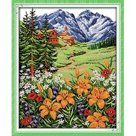 14CT Pre-Printed Die Cut DIY Cross Stitch Embroidery Kit, Complete Range of Starter Kits for Beginners - Snow Mountain in Spring 45 x 53 cm