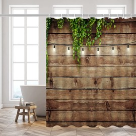 Farmhouse Shower Curtains Rustic Vintage Wooden Board Barn Door Green Leaves Vine Plant Bathroom Decor Polyester Fabric Curtain Set 70 x 70 Inch with Hooks