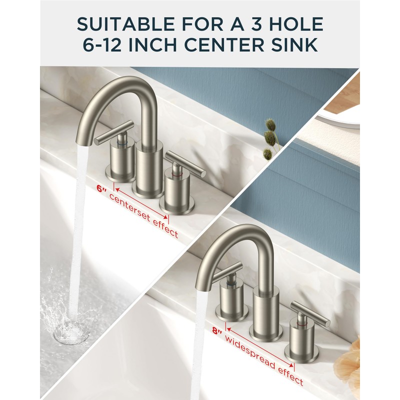 FORIOUS Brushed Nickel Bathroom Faucet 3 Hole Vanity with Metal