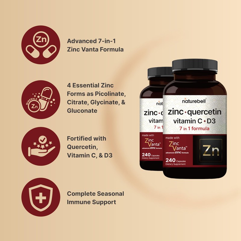 NatureBell Zinc Quercetin with Vitamin C & D3, 480 Capsules