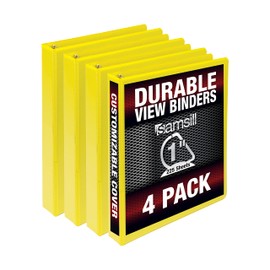 Samsill Durable 1 Inch Binder, Made in the USA, D Ring Binder, Customizable Clear View Cover, Yellow, 4 Pack, Each holds 225 Pages
