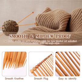 14 Inch Bamboo Knitting Needles Set, BENBO 18 Pairs Single Pointed Knitting Needle Straight Wooden Needles for Beginners Long Wood Knitting Needles with Storage Bag and Stitch Markers (36 Pieces)