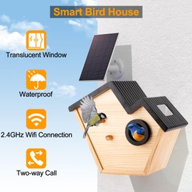 Wood Bird House Feeder with Camera, 2K HD Smart WiFi Bird Cam Solar Powered with LED Light, 32G Card, Bird Box Camera Wireless Outdoor, Wooden Bird Houses for Outside, Gifts for Bird Lovers Women