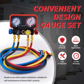 Rogvoc AC Gauges, AC Manifold Gauge Set for R22/R410a/R134a Refrigerant, 4 Way HVAC Refrigerant Gauges Set with R22 R410a Safety Valves, 5FT Hoses, R134a Adapters, Can Tap, Red