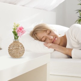 Rattan & Glass Bud Vase, Elegant Light Brown Flower Vase for Home Decoration, Decorative Table Accent, Great for Friends or Lovers