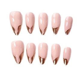 CkeYesOwn French Tip Handmade Press On Nails Almond- Cat Eye with Gold Tip Design, French Fake Nails, Glossy Glue on Nails for Women Manicure(Large)