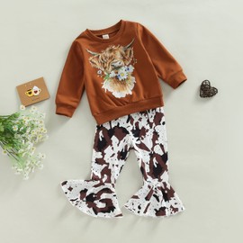 Western Bell Bottom Outfits For Toddler Girls Fall Winter Clothes Cow Print Crewneck Sweatshirt Flare Pants Casual Set (A-Caramel, 3-4 Years)