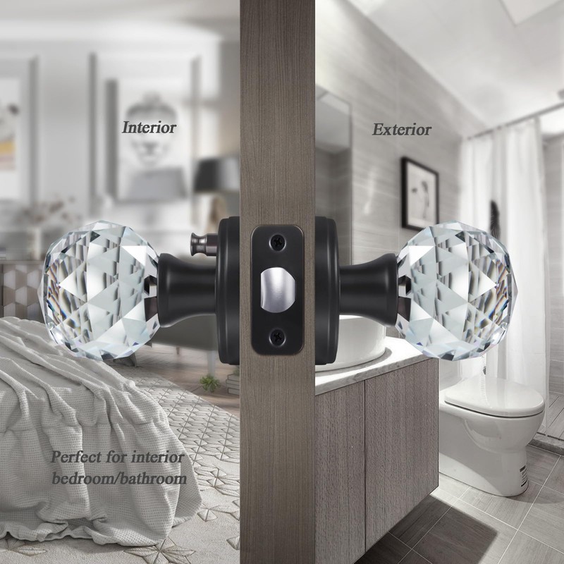 CLCTK Crystal Glass Door Knobs Interior with Lock, Privacy Bathroom