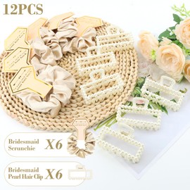 Bridesmaid Proposal Gifts, 12 PCS Bridesmaids Silk Hair Scrunchies & Pearl Hair Clips Set for Women Girls Bachelorette Party Favors Bridal Shower Favors Bridesmaids Gifts for Wedding Day