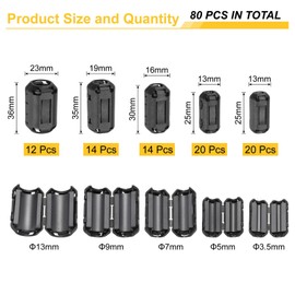 MECCANIXITY 80Pcs 5 Sizes Clip-on Ferrite Ring Core, Ferrite Bead EMI RFI Noise Cable Clip for 3.5mm/5mm/7mm/9mm/13mm Diameter Cable, Black