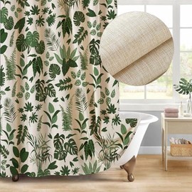Green Linen Shower Curtain Modern Tropical Leaves Fabric Shower Curtain Set with Hooks, Tropical Jungle Plant Shower Curtains for Bathroom, 71x71 Bath Curtain
