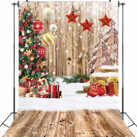 Christmas Wood Wall Backdrop for Photography 5x7FT Rustic Wooden Floor Background Winter Holiday Glitter Christmas Party Decoration for Kids Portrait Photo Props