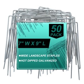 Wonderjune 50 Pack Heavy Duty Wide Landscape Staples, 7 Gauge Galvanized Steel Turf Stakes Garden Stakes Bulk, U Type Anchor for Grass, Securing Weed Barrier Fabric, Pipes, Sod (9"x7")