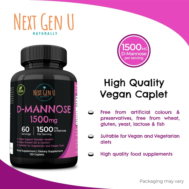 D-Mannose 1500 mg Health Food Supplement 120 Vegan Caplets, Helps