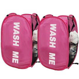 Aplter 2 Pack Mesh Pop Up Laundry Hamper Collapsible Laundry Basket Pink Dirty Clothes Basket for Kid's Room, College Dorm, Bedroom, Travel