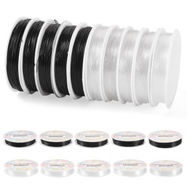 Boutigem 10Rolls Black White Elastic Stretch Thread for Bracelets, Stretchy Bracelet Crystal String Beading Cord, 0.4/0.5/0.6/0.8/1mm Round Clear Crystal Thread for DIY Jewelry Making Supplies