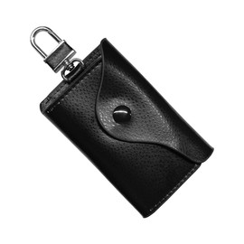 DUSCOKE Leather Car Key Case, Smart Key Fob Case Car Keychain Holder Pouch with Metal Hook & Keyring, Card Coin Holder Small Wallet for Auto Remote Key Fob (Black)