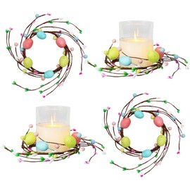 2 Pack Easter Egg Candle Rings Holder Wreaths Spring Egg and Pastel Pip Berry Candle Rings Candle Holder Mini Wreaths 4" Center for Easter Holiday Home Kitchen Table Centerpiece (Pastel)