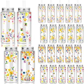 Honeydak 24 Pcs Plastic Cups with Lids and Straws Clear 13. 5 oz Reusable Party Drinking Tumbler for Spring Summer Spider Birthday Party Supplies(Wildflower)