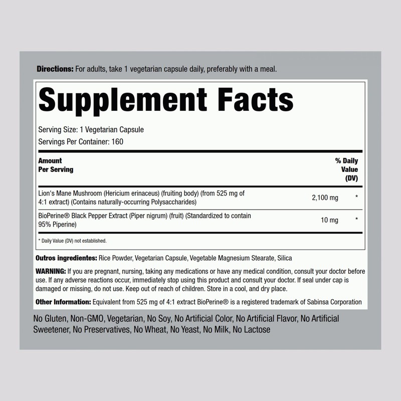 Piping Rock Lions Mane Mushroom Supplement | 2100mg | 160