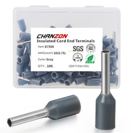 Chanzon 100pcs Wire Ferrule Terminals 20AWG(0.75mm²) Wire E7508 Terminal Ends Pure Copper Color Grey PP Insulated