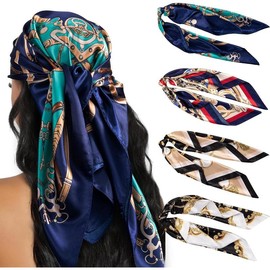4count Head Scarf for Women 35” Head Scarves Silk Like Satin Neck Scarfs Square Bandana Hair Wraps Scarf for Sleeping - Color: Dark Blue, Navy Blue, Black+khaki,