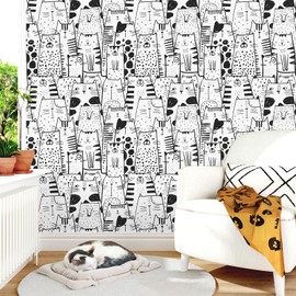 Mangoloo Black and White Cat Wallpaper Peel and Stick Funky Kitten Animal Wallpaper for Kids Bedroom Dollhouse Removable Black Contact Paper for Cabinets Shelf Liner Cat Sketchy Mural Wall 17.5"x102"