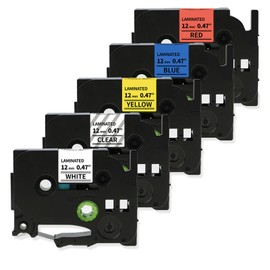 Label Maker Tape Replacement for Brother PT-D200 1280 2040 1750 1090 1180 1880 1890 Label Maker Refills TZe TZ Tape 12mm 0.47 Inch Laminated Compatible with Brother P Touch Colored Labels, 5 Pack