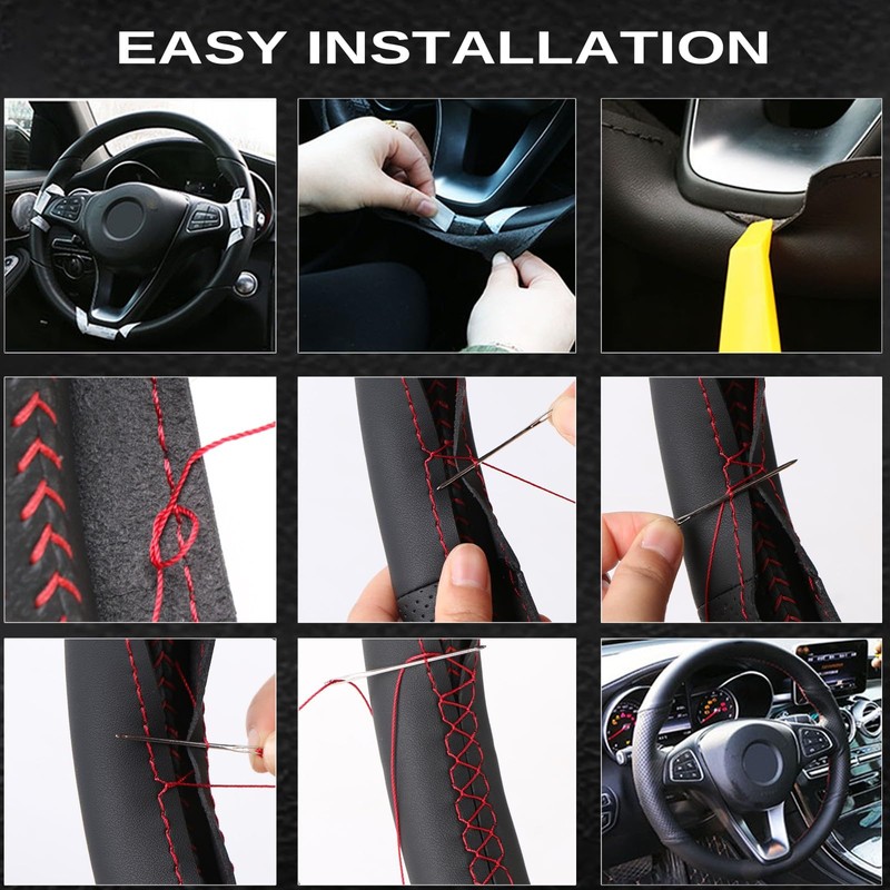 Car Steering Wheel Cover Microfiber Leather Stitch Wheel Wrap Fit