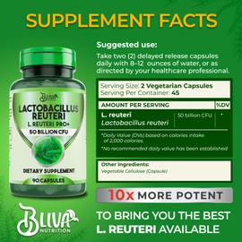 BLIVA Lactobacillus Reuteri Capsules – L Reuteri - 50 Billion CFU per Serving - Highest CFU Count L Reuteri Supplement - 90 Capsules
