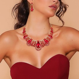 BriLove Costume Fashion Jewelry Set for Women Crystal Teardrop Hollow Scroll Statement Necklace Dangle Earrings Set Ruby Color Gold-Tone