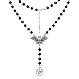 TAMAWire Black Stylish Gothic Moon Necklace, Black Bat Chocker with Pentagram Necklace, Black Bead Necklace, Goth Jewelry (Bat Chocker)