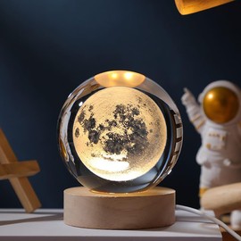 chuangxun Galaxy Crystal Ball Night Light, LED Desk Lamp with Wooden Base, Space Theme Room Decor（2.4in/6cm） (Moon)