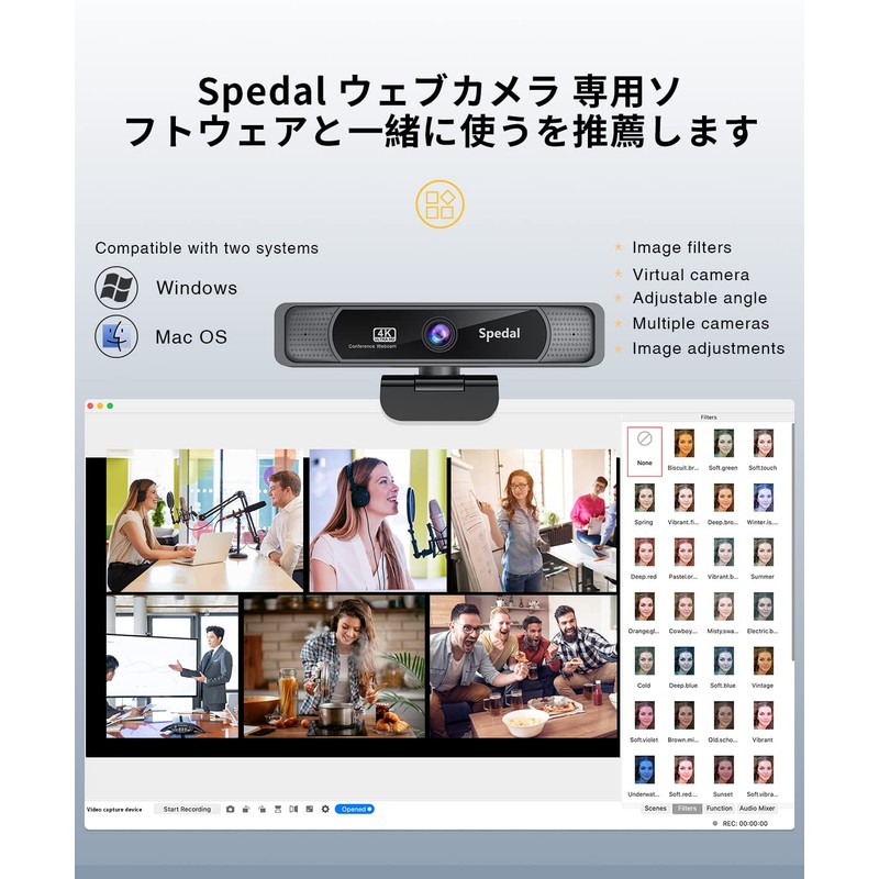Spedal Webcam 4K UHD 8MP 4X Zoom 120° Wide Angle