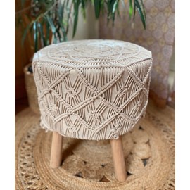 GURU SHOP Macrame Stool, Natural Boho Stool - Model 2, Beige, 50 x 45 x 45 cm, Seating Furniture