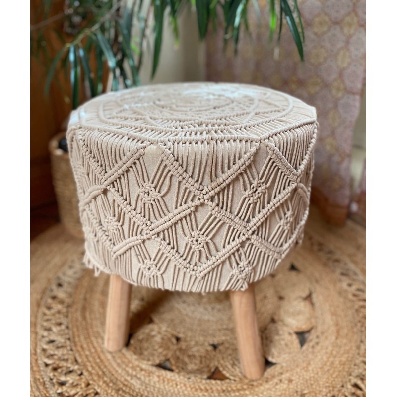 GURU SHOP Macrame Stool, Natural Boho Stool - Model 2,