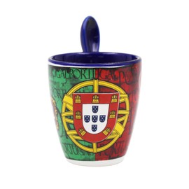 Portuguese Armillary Sphere & Rooster Ceramic Coffee Cup with Spoon Set - Microwave & Dishwasher Safe, Durable Ceramic, Ideal Gift for Coffee Enthusiasts (Espresso Cup), Red, Green