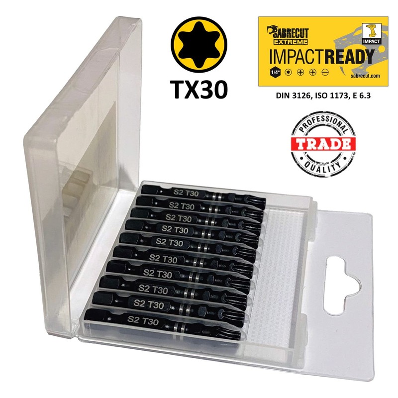 10 x SabreCut SCTX3050_10 50mm TX30 T30 Impact Screwdriver Driver