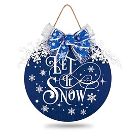 Whaline Snow Wooden Hanging Sign Winter Door Decoration Wreath welcome Sign Blue White Snowflake Door Wreath with Bow Berries for Home Indoor Outdoor Farmhouse Wall Window Shop Decoration