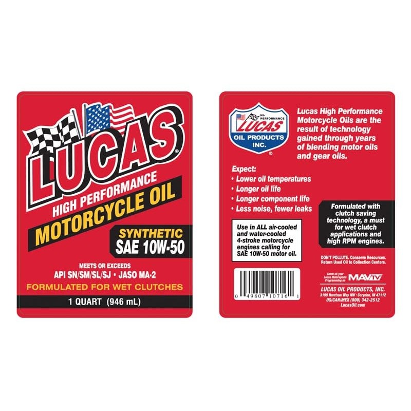 Lucas Oil 10716 High Performance Synthetic Motorcycle Oil SAE 10W-50-1