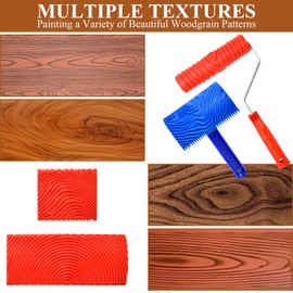 Supkiir 8Pcs Wood Graining Painting Tool Set, Including Rubber Wood Grain Tool and Embossed Wall Texture Painting Pattern Roller with Handle for Wall Floor Furniture DIY Room Art Decoration