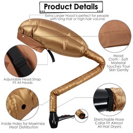 Capó accesorio para secador de cabello: gorras de secadora suaves ajustables extra grandes, fáciles de usar para el cuidado del cabello con textura natural rizada, secado rápido, color dorado