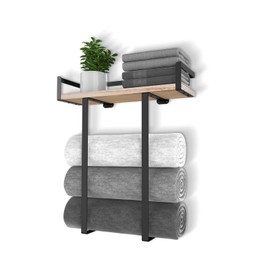 Xstydes Towel Racks for Bathroom Wall Mounted, Xstydes Metal Towel Holder with Wooden Shelf for Folding Large Towels, Towel Storage for Small Bathroom Organizer Decor or RV Camping