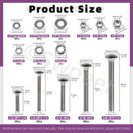 Swpeet 80Pcs 5 Sizes 1/4", 5/16", 3/8", Carriage Bolts Screws Nut Washer Assortment Kit, 304 Stainless Steel Round Head Square Neck Screws, Full Thread Carriage Bolts, Hex Nuts, Flat/Lock Washers