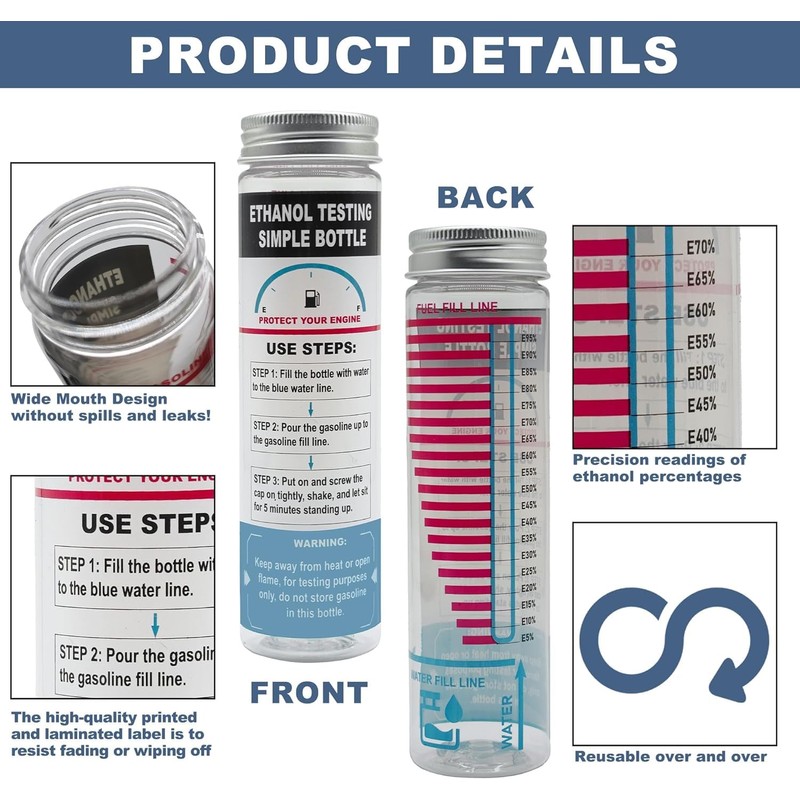 E85 Tester Kit, Reusable Ethanol Test Kit, Wide Mouth Fuel