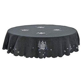 Mr Crimbo Christmas Tablecloth Dark Grey Fabric Luxury Silver Embroidered Trees - 70" Round