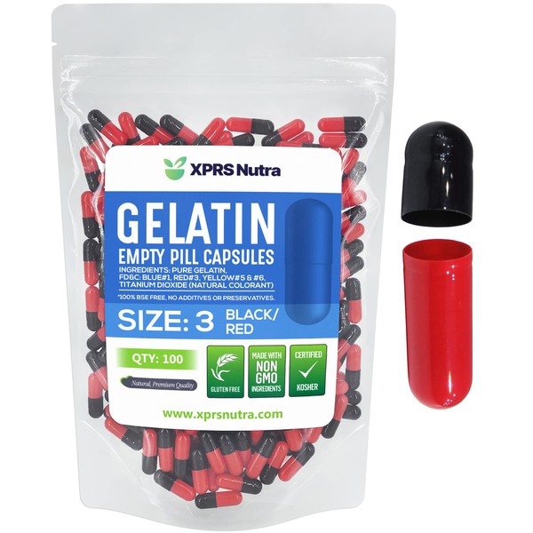 Capsules Express - Cápsulas vacías de gelatina para píldoras de gelatina, tamaño 3, color negro y rojo