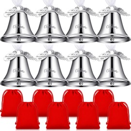 Kigeli It's a Wonderful Life Christmas Bell Ornaments 2024 Silver Christmas Angle Bells Ornament for Christmas Tree Inspired Xmas Tree Ornament Bell Vintage Decorations with Red Bags(8 Sets)